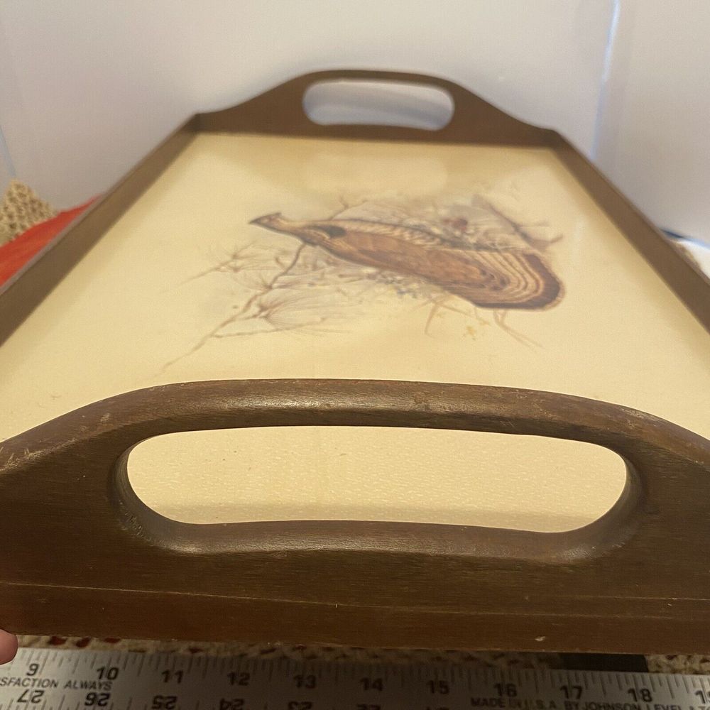 Large Vintage Wood Serving Tray Pheasant Grouse Nature Scene Wooden 19" x 12" - Picture 5 of 9